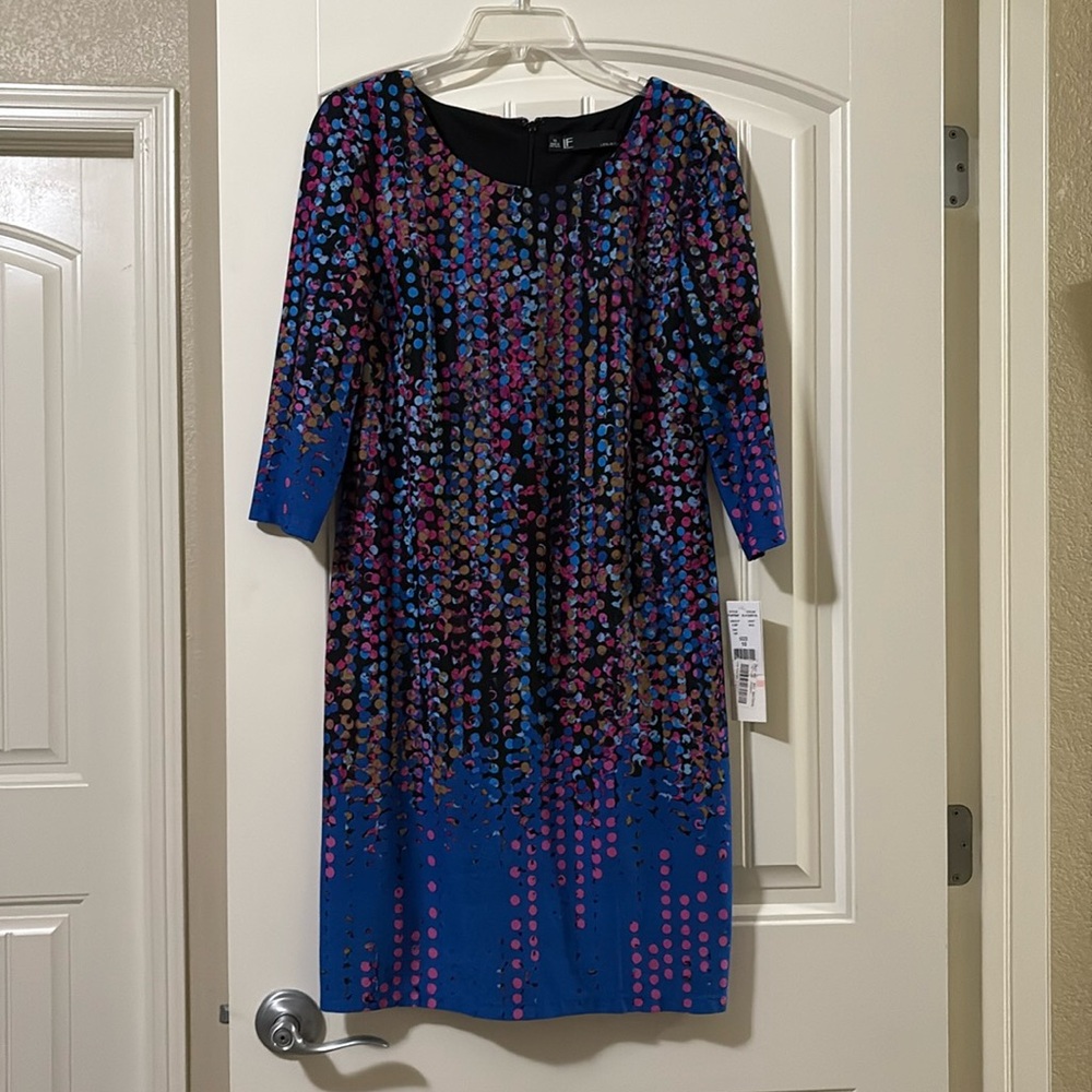 NWT Leslie‎ Faye Midi Shift Dress Sz 10 Stretch 3/4 Sleeve blue Multi Confetti